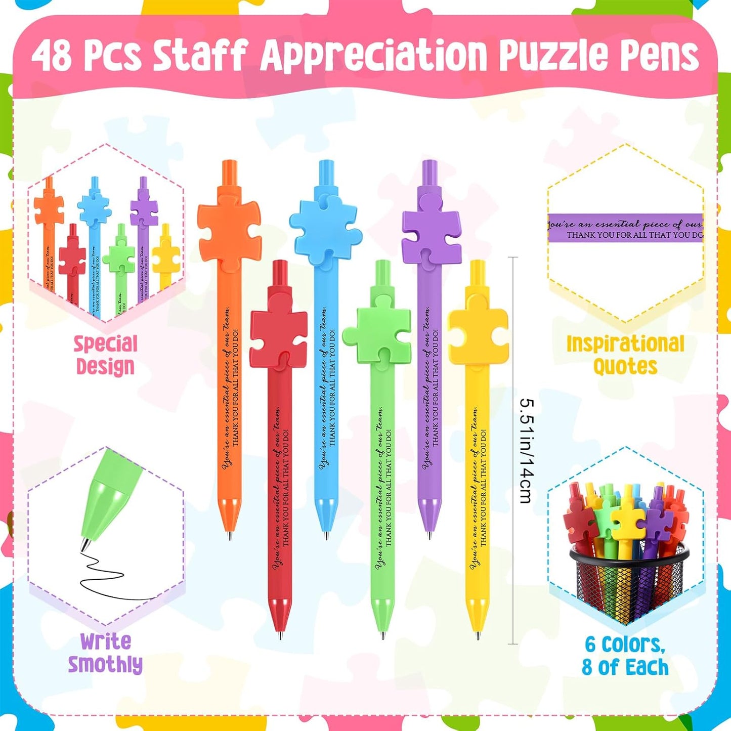 Eaasty 48 Pcs Employee Appreciation Gifts Bulk Inspirational Puzzle Pens Thank You Ballpoint Pens for Coworkers Staff Team Teacher Nurse Pastor Boss's Day Vet Tech Week Pharmacy Technicians Day Gifts