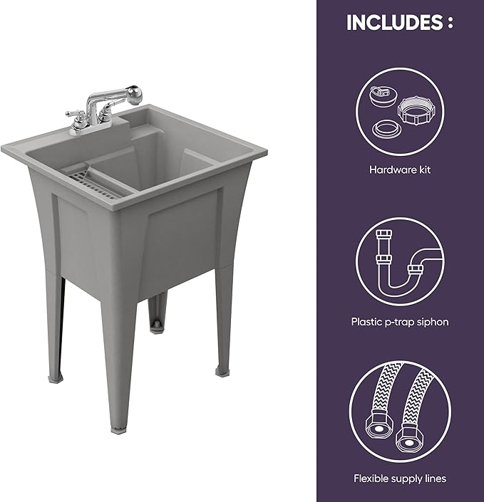 Freestanding Utility Sink with Two Handle Chrome Faucet - 24" Plastic Utility Sink for Garage, Laundry, Indoor and Oudoor Use - Laundry Tub Kit by Noah William Home - Grey (19.5 gal)