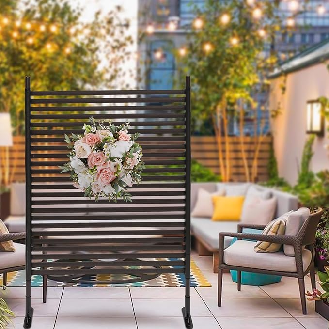 Outdoor Freestanding Privacy Screen, 43" W x 59" H Metal Slatted Decorative Panel With Stand, Brown Backyard Screen for Garden Patio