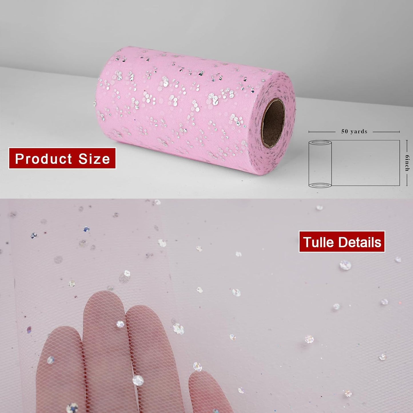 Glitter Tulle Rolls, 6' by 50 Yards (150FT) Sequin Tulle Netting Fabric for Tutu Skirts Sewing Birthday Wedding Party Decoration (Light Pink)