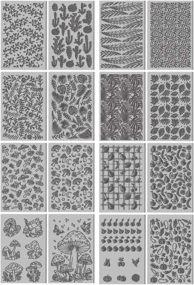 CHGCRAFT 16 Sheets Banana and Apple Clay Texture Mat Mushroom Pattern Polymer Clay Texture Sheets DIY Tools for Pottery Earring Jewelry Making Stamp Engraving Machines, 4x2.6inch