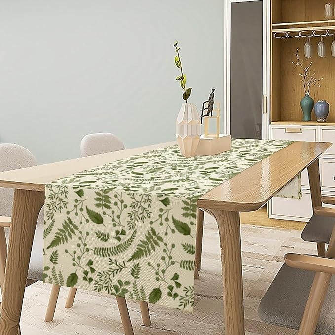 Green Leaves Table Runner,Spring Summer Herbs Botanical Natural Plants Print Table Runner for Kitchen Dining Table Farmhouse Home Party Decor 13x108in