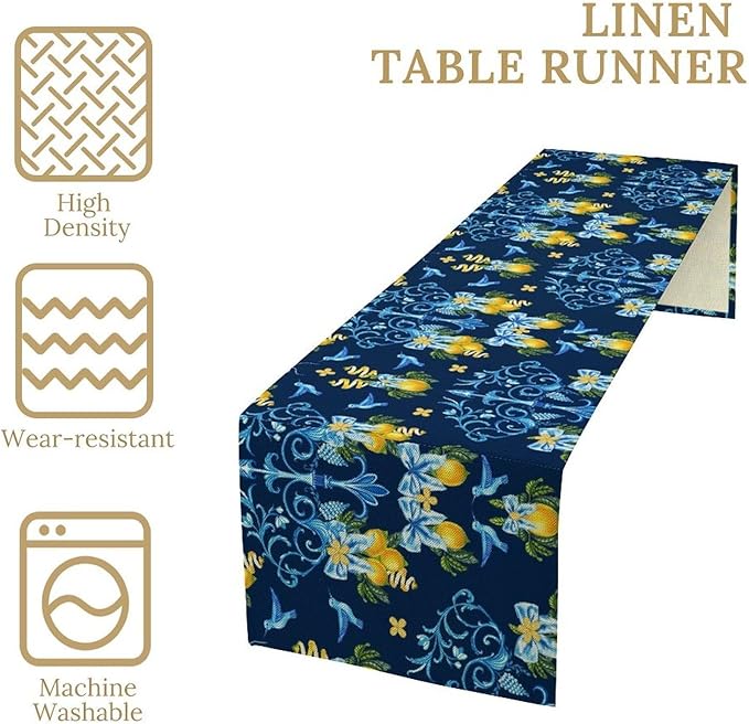 Lemon Fruit Table Runner Nature Bow Farmhouse Talavera Ethnic Folk Rustic Birds Aesthetic Dining Table Decoration for Home Holiday Party Dresser Kitchen Cabin Restaurant Wedding Decor 13×70in