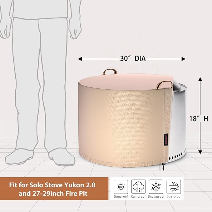 QH.HOME [2025 Upgraded 900D Fabric] Fire Pit Cover Round for Solo Stove Yukon 27"-29",Waterproof Smokeless Fire Pit Cover,Strong Tear Resistant,Fits for Gas/Table/Bowl Fire pits - 30" D X 18" H-Wheat