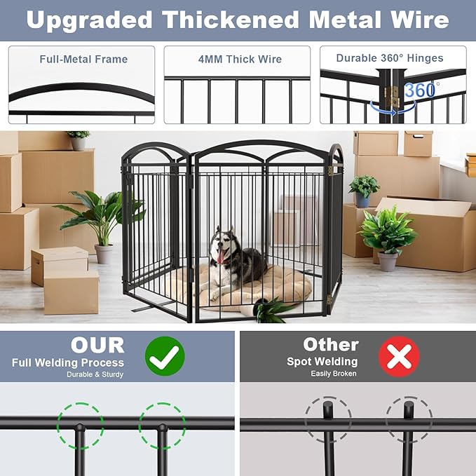 Full Metal Free Standing Dog Gate with Door for Indoor Barriers,144'' Extra Wide 32'' Tall Dog Gate for Doorways,Large Openings,Decks,Freestanding Portable Pet Fence(6 Panels,Black)