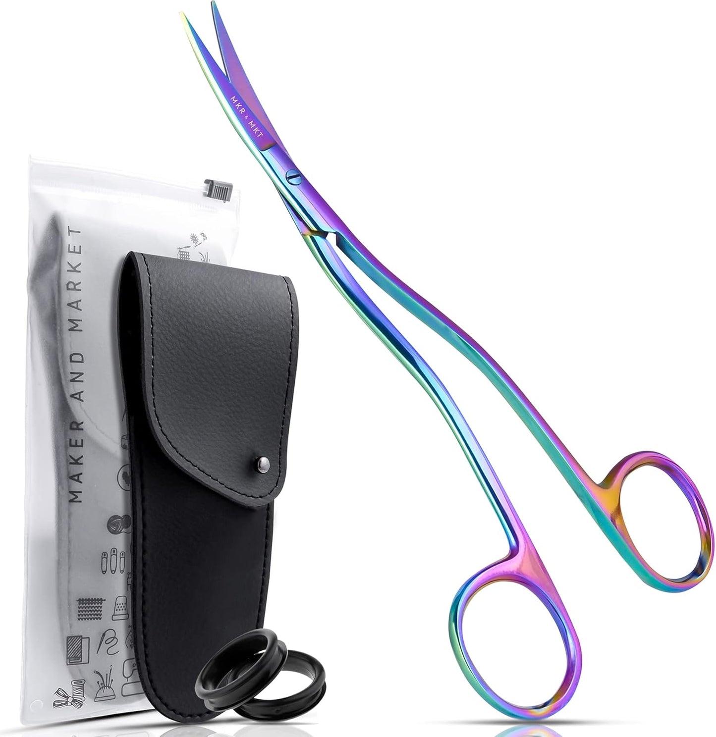 Applique Long Thin Needlepoint Blade 6.1 Inch - Double Bent Curved Offset Handle Scissors with Pouch Sleeve for Embroidery, Fabric, Thread, Knitting, Sewing, Arts & Craft (Rainbow)