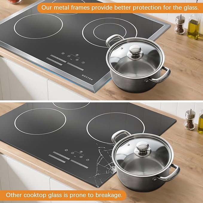Noxton 24 Inch Electric Cooktop, 3 Burner Built-in Radiant Stove Top, Stainless Steel Frame, Dual Zone Ceramic Glass Hob, Touch Slide Control, 9 Power Levels, Timer, Child Lock, 5500W, 240V Hardwired
