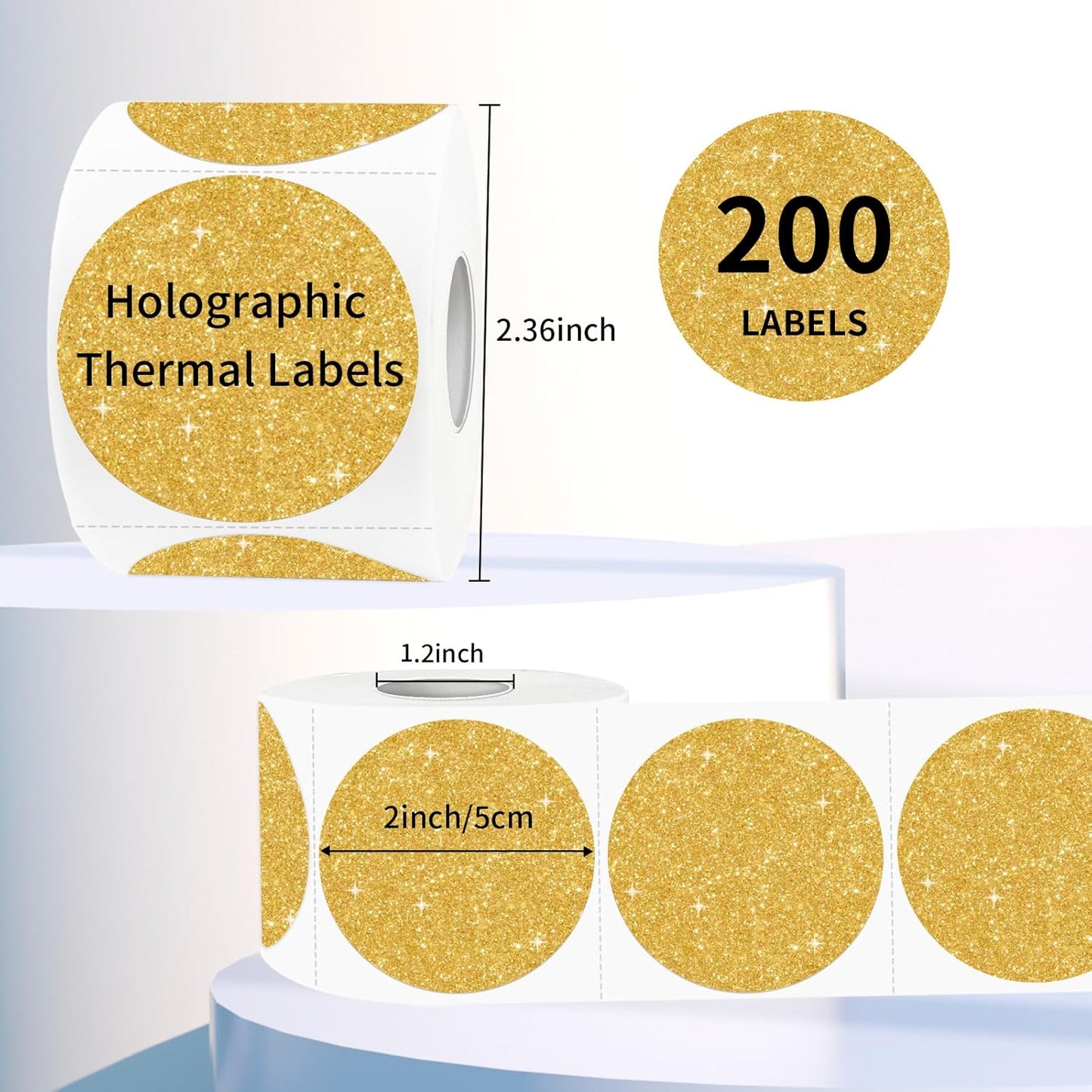 2" Holographic Thermal Label Stickers, Round Direct Thermal Label Stickers, Glitter Thermal Printer Sticker Labels for Gift Wrapping, Self-Adhesive Custom Logo Design- Glitter Gold