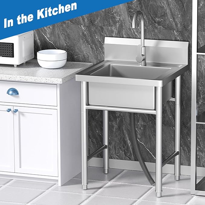 Free Standing Stainless-Steel Single Bowl Commercial Restaurant Kitchen Sink Set W/Hot and Cold Faucet, for Kitchen and Bathroom Farmhouse Style