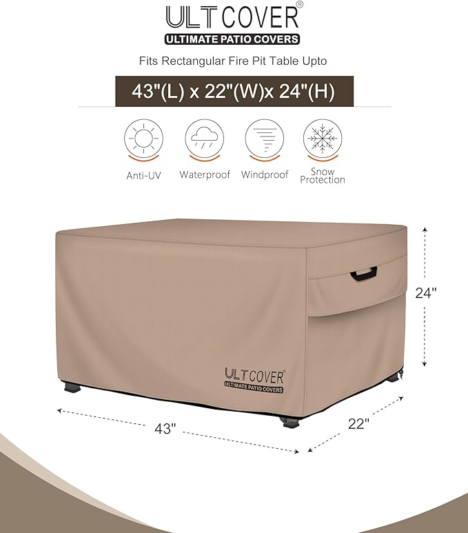 ULTCOVER Rectangular Gas Fire Pit Table Cover 43x22 inch Waterproof Heavy Duty Firepit Cover