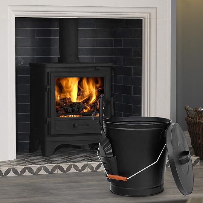 5.15 Gallon Hot Ash Bucket Fireproof Pellet Bucket with Lid and Shovel for Fireplaces, Fire Pits - Black