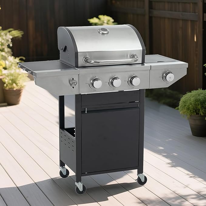 Endark 3-burner propane grill, 37,000 BTU with side-fire function. Stainless steel, enameled cast iron grate, thermometer, wheels. Perfect for patio and garden cooking