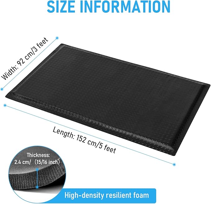 3 x 5 FT Anti Fatigue Mats Industrial 15/16 Inch Thick Soft Sponge Ergonomic Mat Durable Heavy Duty Diamond Plate for Standing Non Slip Industrial Grade Floor Mat for Leg & Back Pain (Black)