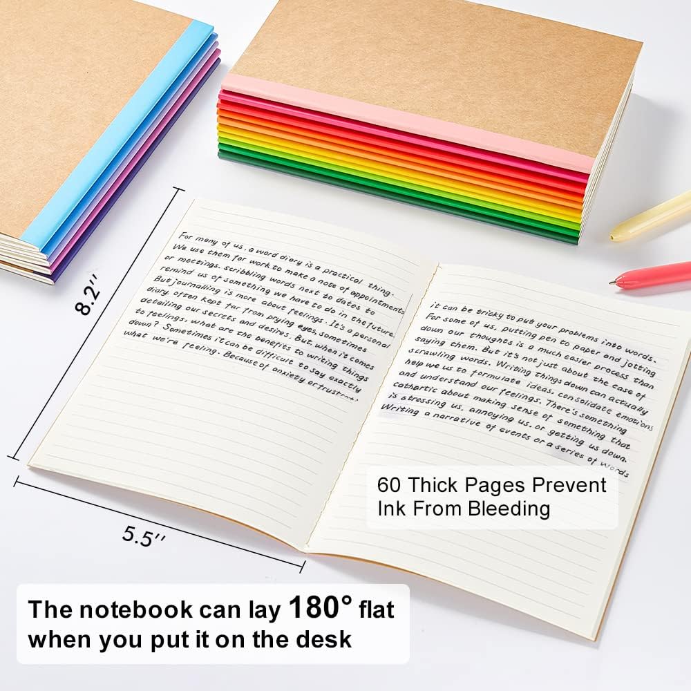 feela 48 Pack Composition Notebooks Bulk, Kraft Cover Lined Blank College Ruled Composition Travel Journals with Rainbow Spines For Women Students Business, 60 Pages, 8.3”x 5.5”, A5, 16 Colors