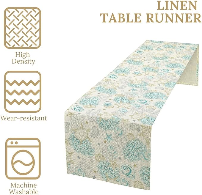 Ocean Coastal Table Runner, Nautical Summer Beach Coral Sea Turtle Table Runner for Kitchen Coffee Dining Bedroom Living Room Dinner 13x120in