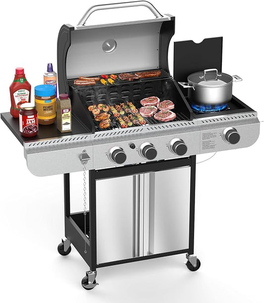 3-Burner Propane Gas BBQ Grill with Side Burner,Stainless Steel Gas Grill with Cast Iron Grates,37000 BTU Barbecue Grill, Suitable for Outdoor Cooking,Camping,Patio Backyard