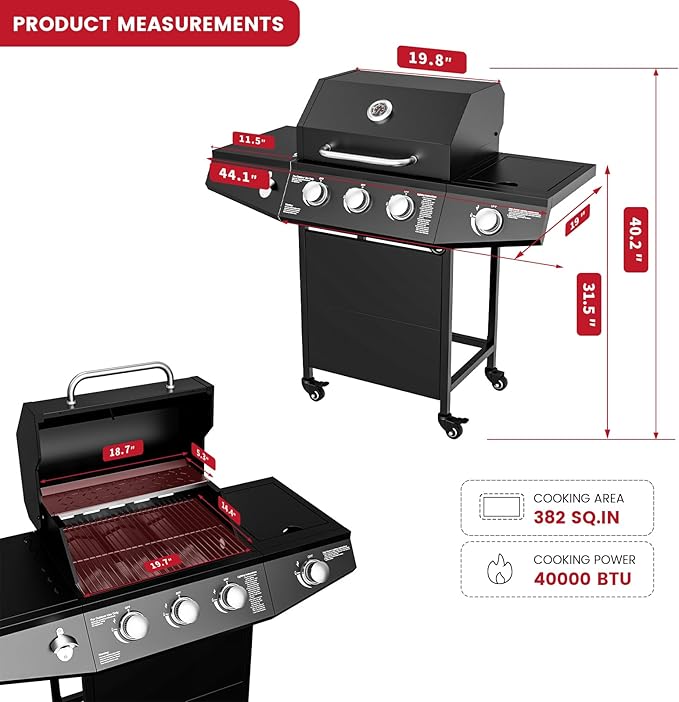 40,000 BTU Propane Gas Grill, 3 Burner Gas Grill with Side Burner, Outdoor BBQ Grill with Stainless Steel Grates for Patio, Camping, Outdoor Cooking