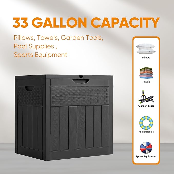 ZYJOYY 33 Gallon Resin Deck Box, Weatherproof Outdoor Storage Box for Patio, Garden, Pool, and Yard, Lockable Waterproof Bin for Tools, Cushions, and Accessories, Black