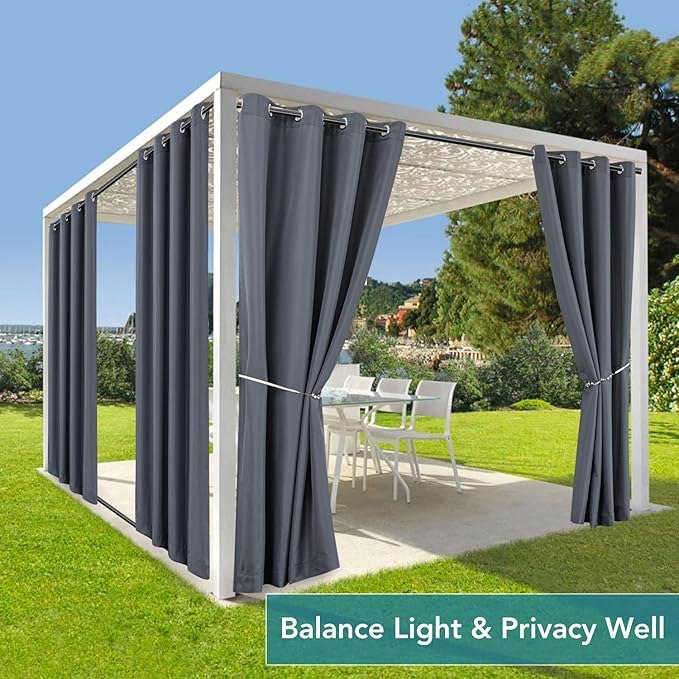 HolidayIdeas Patio Curtains Outdoor Waterproof-4 Panels 54x84 Inch-Windproof Weatherproof Privacy Grey Outside Curtains-Grommet Top and Tab Bottom Drape for Gazebo, Porch, Pergola, Cabana, Backyard