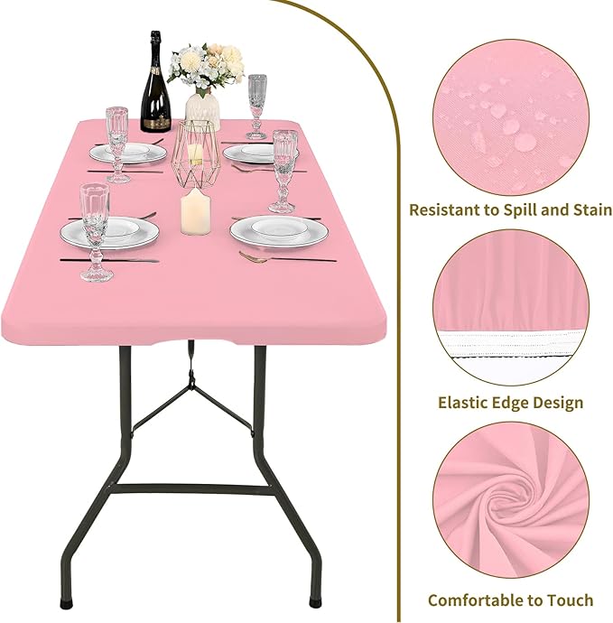 10 Pack Fitted Tablecloth for 6 Foot Rectangle Tables, Pink Elastic Outdoor Picnic Table Cover, Washable Stretch Folding Table Cloths 6 ft for Camping Party Patio Kitchen Banquet, 30" W x 72" L