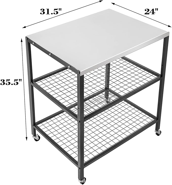 Stainless Steel Grill Cart with Cover Pizza Oven Stand with Water-proof Cover Trolley Table with Wheels Three-Shelf Movable Food Prep and Work Table Heavy Duty Grill Cart Outdoor 31.5"×24"×35.5"