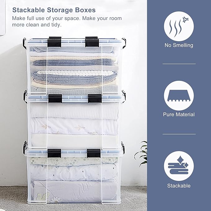 3-Pack Waterproof Plastic Storage Box, 90QT/85L Stackable Latch Box Durable Multi-Purpose Locking Bin with Lid and Black Clips for Bedding, Toys, Shoes and Clothes