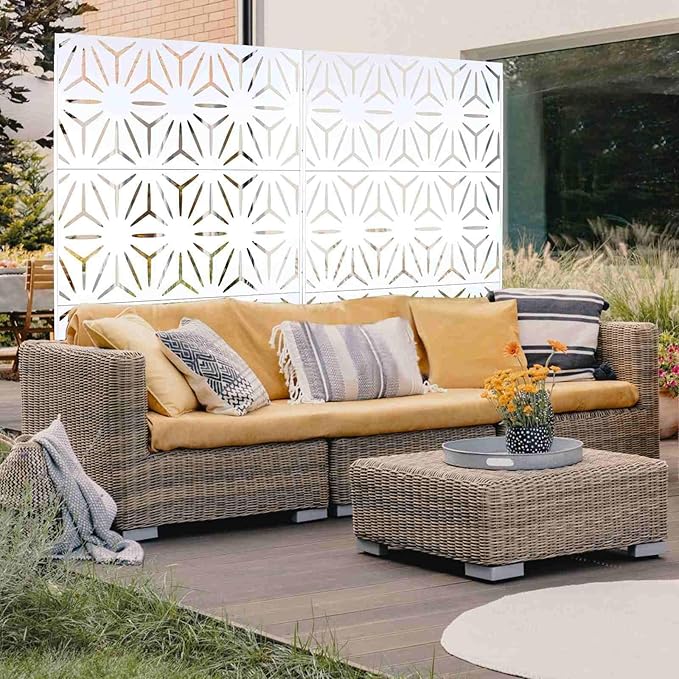 Outdoor Privacy Screen, 76" H x 48" W Decorative Metal Panel, Steel Privacy Divider with Freestanding Base, Ideal for Garden, Patio, or Balcony, White