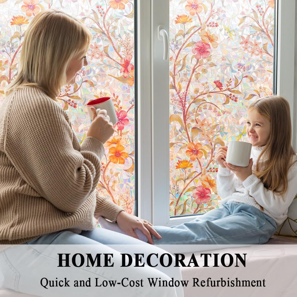 Stained Glass Window Film Static Cling Door Privacy Film Decorative Flowers Red Leaves Window Decals Stickers Heat Control Anti UV for Home and Office,35 inches by 157 inches