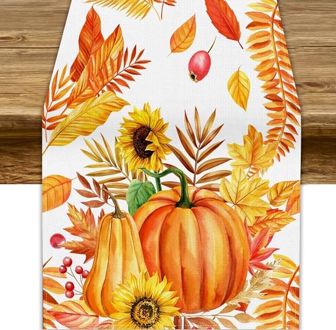 Fall Pumpkin Table Runner, Rustic Autumn Harvest Thanksgiving Sunflower Leaves Table Runner for Kitchen Dining Table Decoration Party Holiday, 13x90inch