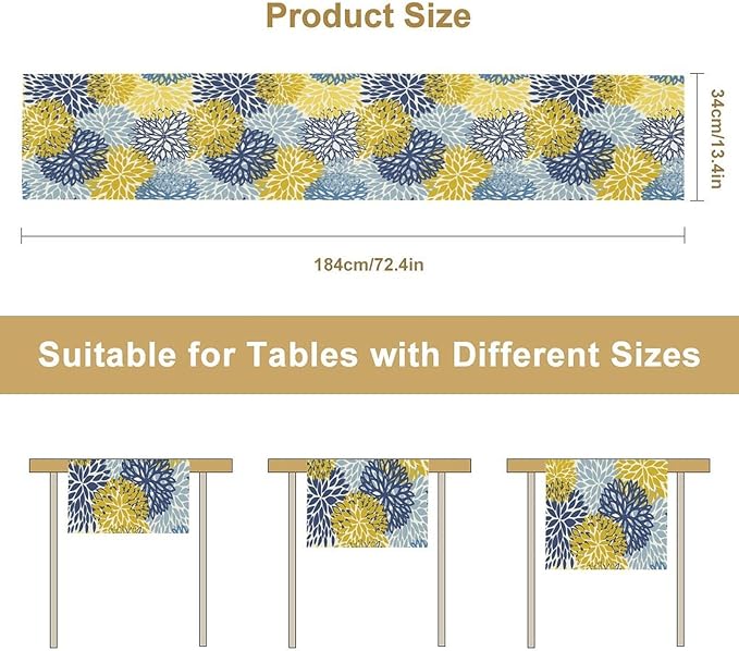 Dahlia Flower Table Runner,Blue Yellow Floral Print Table Runner for Kitchen Dining Table Dinner Holiday Home Party Indoor Outdoor Decor 13x60in