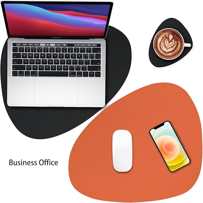 Myir JUN Placemats, Dual-Sided Placemats Waterproof Faux Leather Placemats Set of 6 Place Mats and Coasters Non-Slip Washable Table Mats for Dining Table (Black Orange, Set of 6)