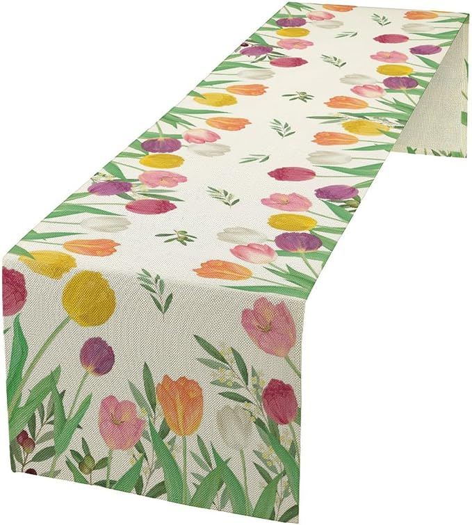 Tulips Spring Table Runner, Rustic Farmhouse Watercolor Botanical Colorful Tulips Olive Leaves Summer Garden Table Cover For Kitchen Dinning Table Indoor Outdoor Party Wedding Decor, 13x36inch
