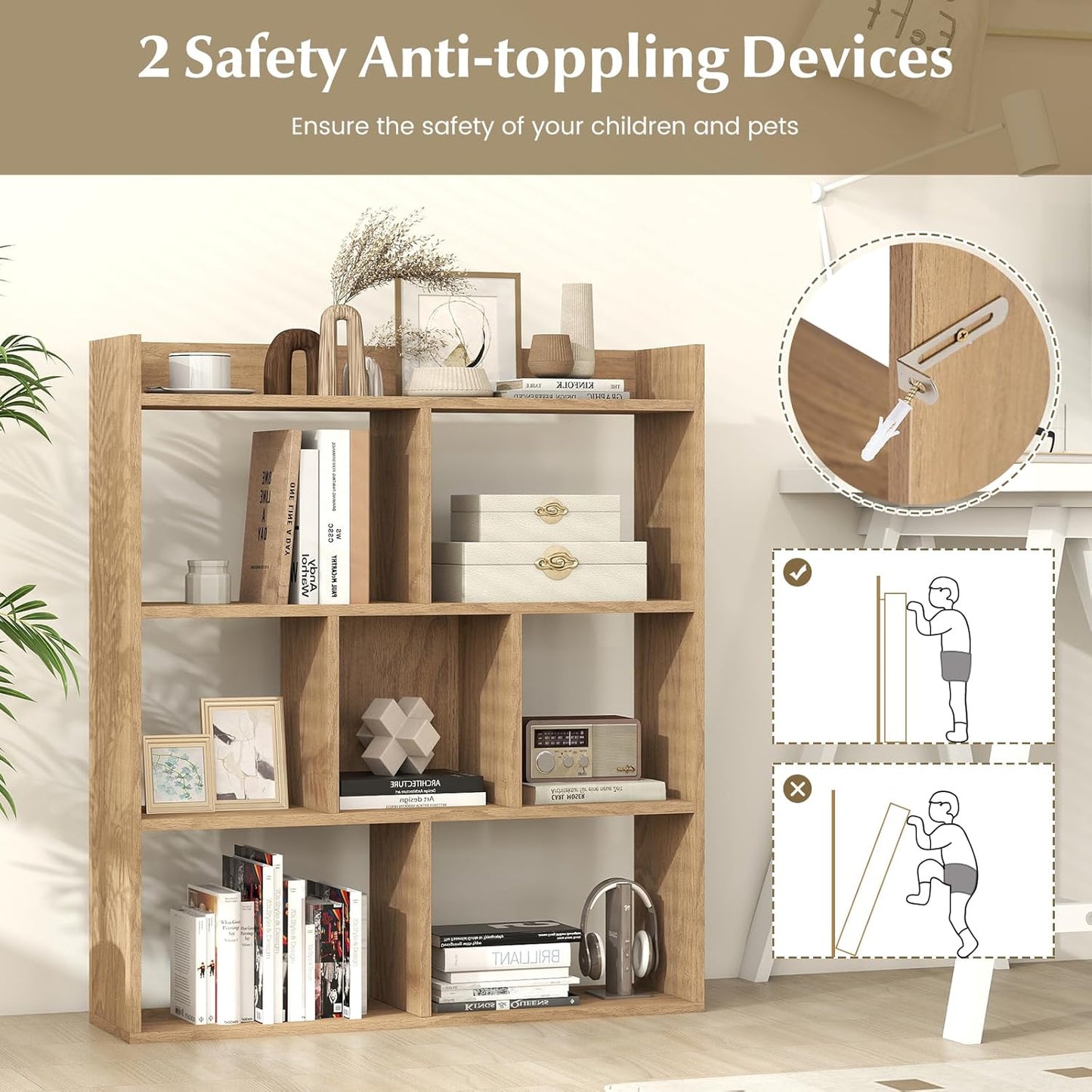 Giantex 7 Cubes Bookshelf, Free-Standing Wooden Bookcase, 4 Tier Home Display Shelf, Horizontal Storage Unit w/Anti-Toppling Devices, Open-Back Display Rack for Study, Living Room (2, Natural)