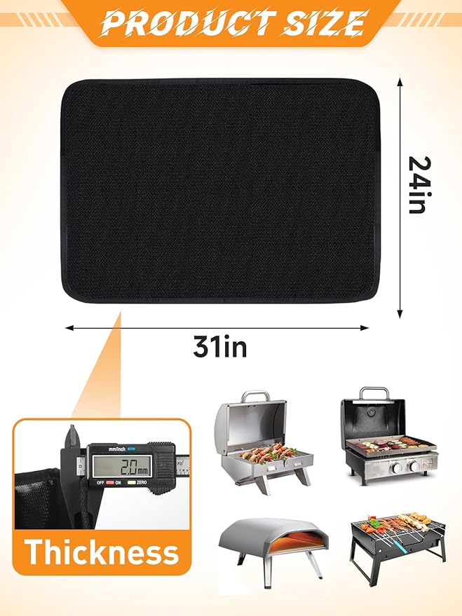 Apipi 24 x 31in Fireproof Grill Mat for Outdoor Grill - 2mm Thickened Heat Resistant Mat for Countertop, Easy to Clean & Waterproof & Oil Proof for Protecting Prep BBQ Table