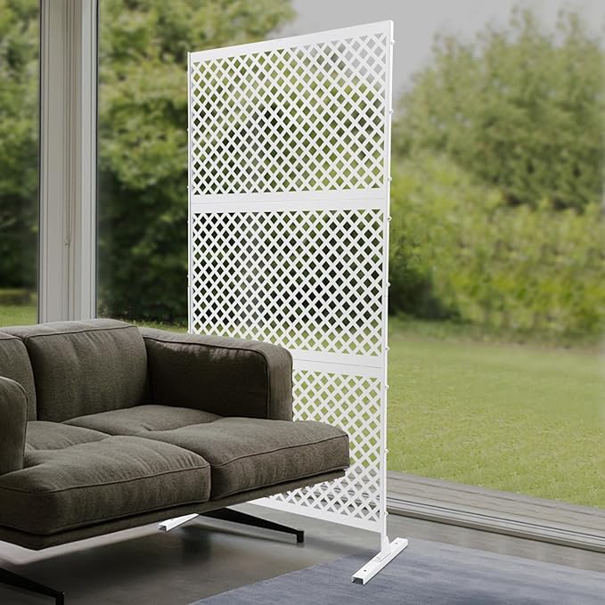 Outdoor Metal Privacy Screen with Stand, 35.4" W x 75" H Freestanding Metal Slatted Decorative Privacy Screen and Panels for Patio Garden Balcony Porch (White Grill)