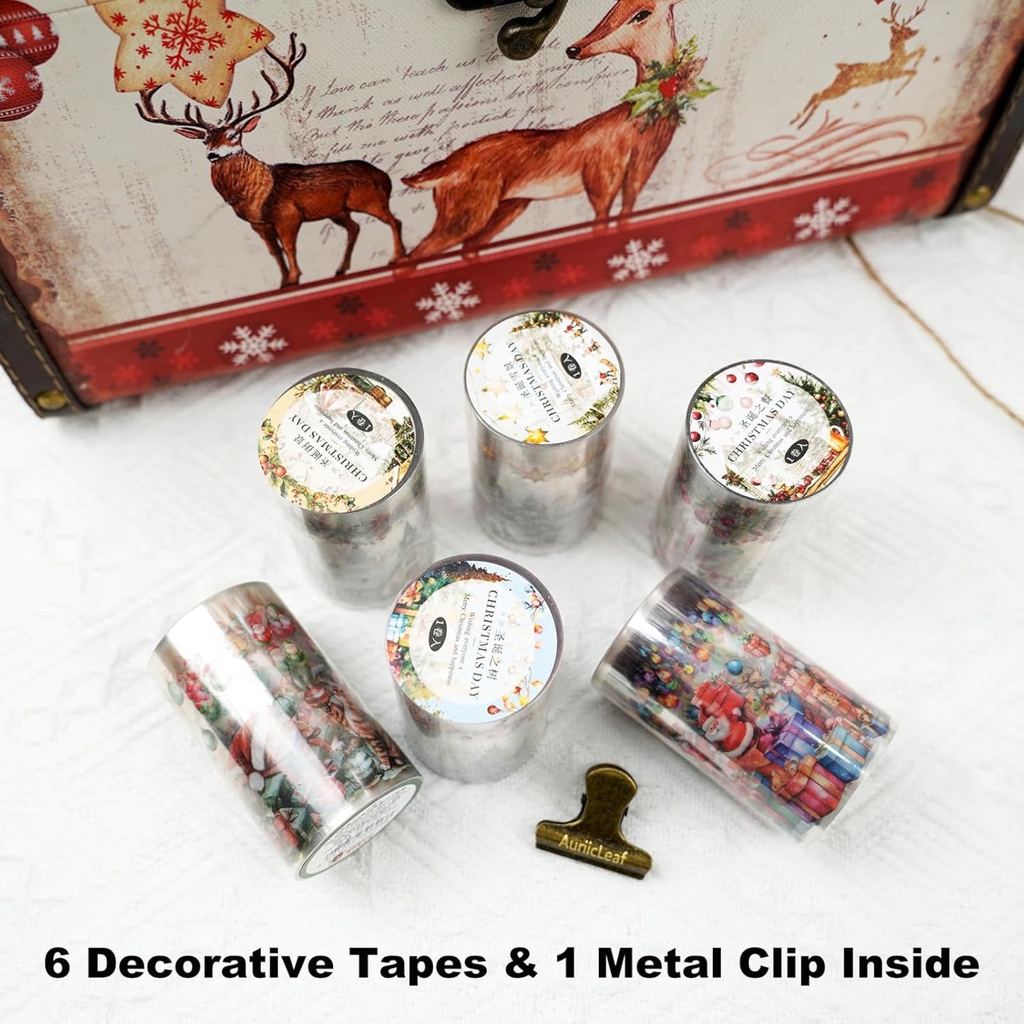 Christmas PET Tape Set - Seamless Loop Design with Snowy Villages, Festive Cats and Holiday Scenes, Includes Decorative Clip, Self-Adhesive Rolls for Scrapbook, Journal and DIY Decor