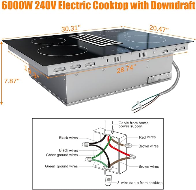 Noxton 30”Electric Cooktop with Downdraft Vent, 4 Burner Radiant Stove Top, 6000W, 240V Hardwired, 9 Heat Settings, 99-Min Timer, Pause & Child Lock(No Exhaust Pipe Required)