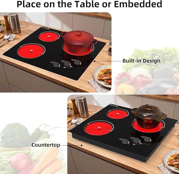 VBGK Electric Cooktop,24 inch 220V Stove Top,Touch and Knob Control,LED,9 Power Levels, Kids Lock &Timer,Overheat Protection,5000W 3 burner electric cooktop.