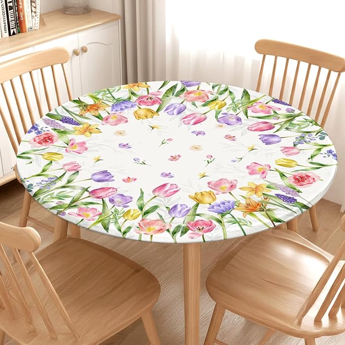 Spring Summer Easter Round Fitted Tablecloth with Elastic Edge Tulip Lavender Floral Circle Table Cloth for 48-52" Tables Wipeable Waterproof Farmhouse Flowers Table Cover for Picnic Dining Outdoor