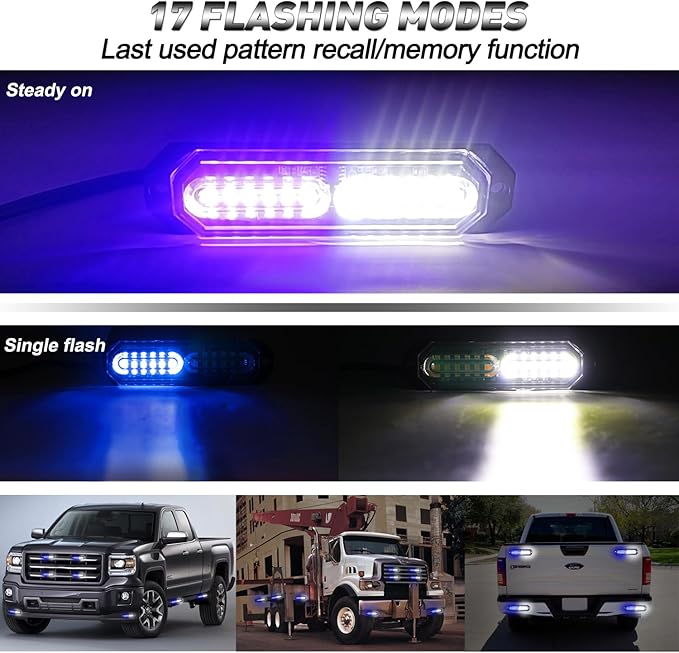 ASPL 8pcs Sync Feature Ultra Slim 12-LED Surface Mount Flashing Strobe Lights for Truck Car Vehicle LED Mini Grille Light Head Emergency Beacon Hazard Warning Lights (Blue/White)