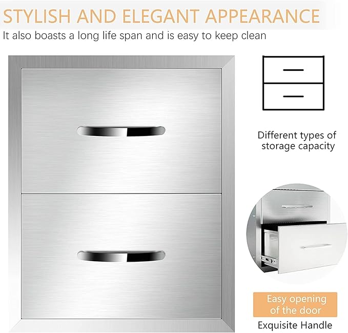 Outdoor Kitchen Stainless Steel Triple Access BBQ Drawers With Handle For BBQ Island Patio Grill Station,Double Drawers