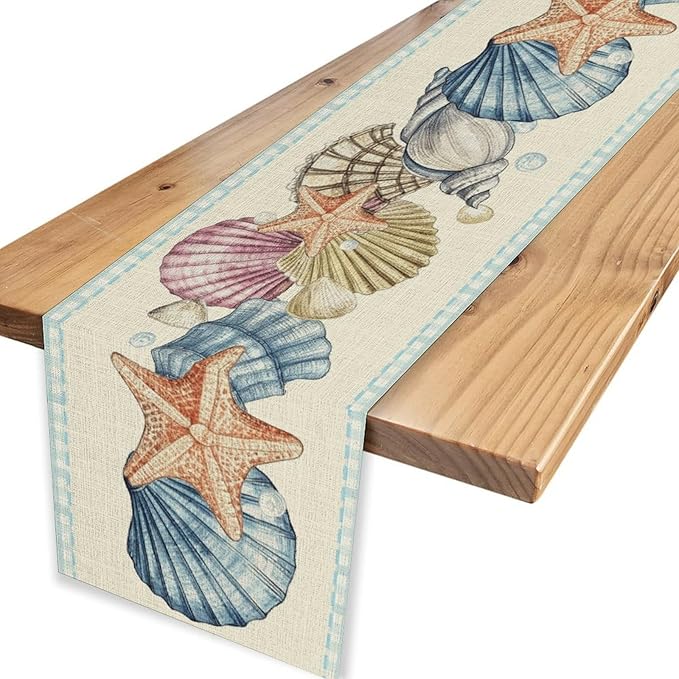 Summer Starfish Table Runner, Blue Check Sea Coastal Seashell Beach Nautical Starfish Ocean Table Runner Seasonal Holiday Home Kitchen Dining Table for Home Party Decor 13"x72"