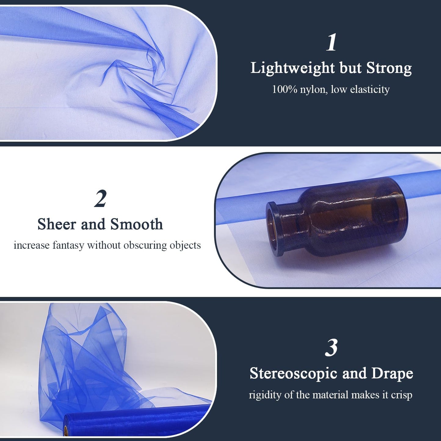 Royal Blue Organza Tulle Fabric Rolls, Crystal Organza 12" by 50 Yards (150 ft) Sheer Nylon Silky Shiny Netting Spool Bolt for DIY Craft Table Runner Wedding Baby Shower Party Decor (Royal Blue)