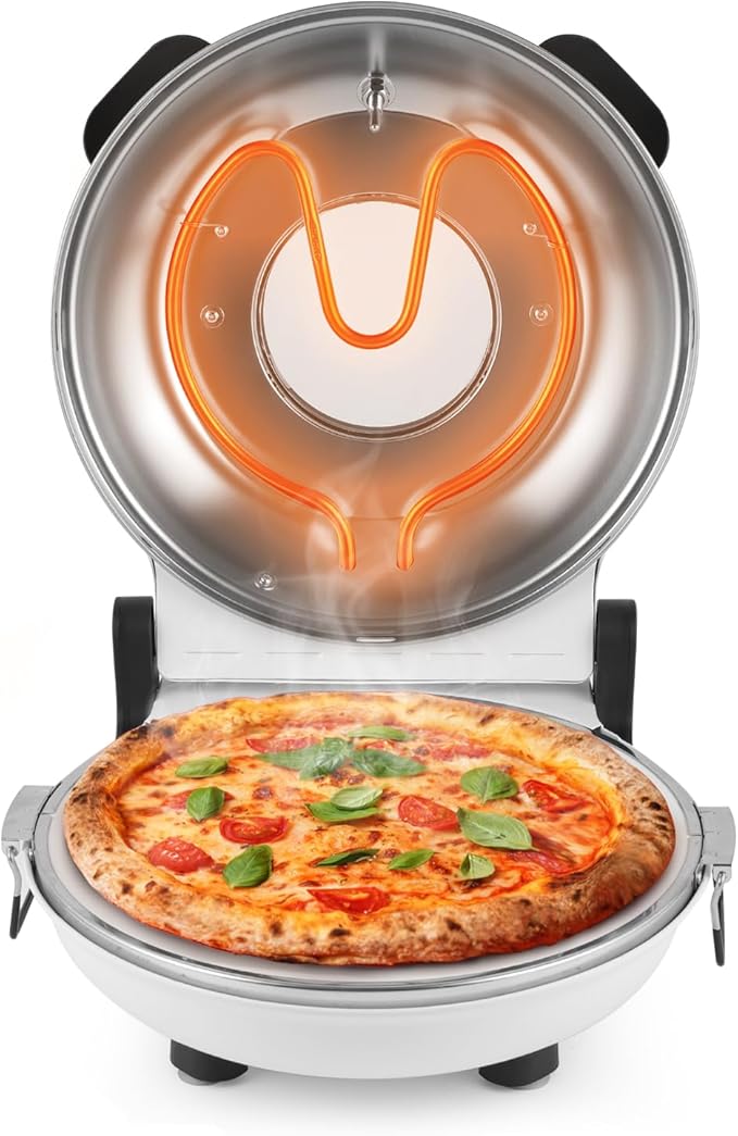 KLAIF 12" Electric Countertop Pizza Oven Indoor With Ceramic Stone, Dual Adjustable Temperature Controls, Includes 4 Pizza Tools, LMR-White