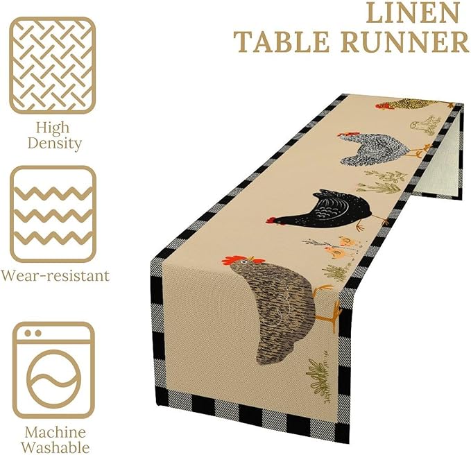 Farmhouse Roosters Chickens Table Runners, Black White Buffalo Plaid Vintage Rustic Animal Table Runner for Wedding Coffee Dining Table Party Home 13x120in