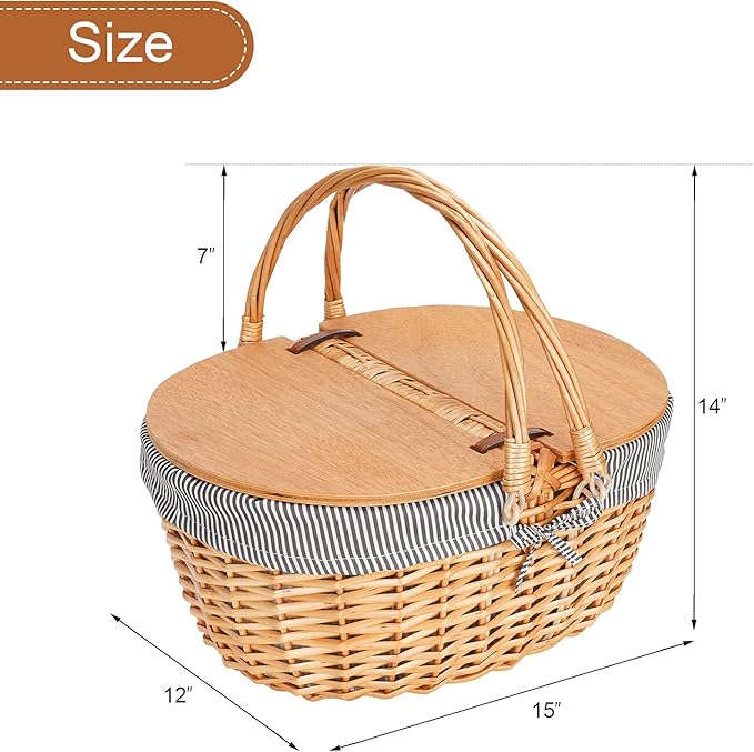 Wicker Picnic Basket with Liner, Wooden Split Lid Picnic Basket, Vintage-Style Picnic Hamper with Folding Woven Handle for Picnic, Camping, Outdoor, Valentine Day, Thanks Giving, Birthday (Grey)