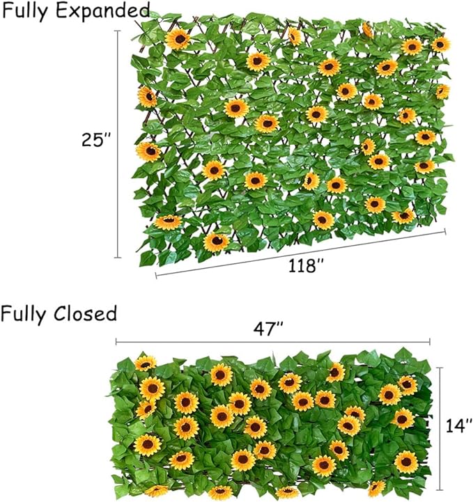 Expandable Fence Privacy Screen for Balcony Patio Outdoor,Decorative Faux Ivy Fencing Panel,Artificial Hedges (Single Sided Leaves) (2, Sunflowers)