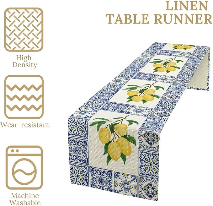 Yellow Lemon Table Runner, Blue Tiles Summer Holiday Tasty Fruit Healthy Fruit Vintage Watercolor Rustic Botanic Table Cover for Party Picnic Dining Room Kitchen, 13x120inch
