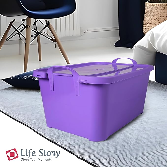 Life Story 6 Pack Light Duty Stackable Storage Bin, 55 Quart Home Organizer, Versatile Lightweight Locking Bins with Carrying Handles, Purple