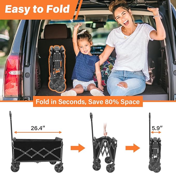 Wagons Carts Foldable, Collapsible Wagon with Wheels — Durable Folding Utility Pull Wagon Cart for Groceries, Picnic & Pets, Park Trips & Small Hauls, 360 lbs Heavy Duty Capacity,Graphite Black